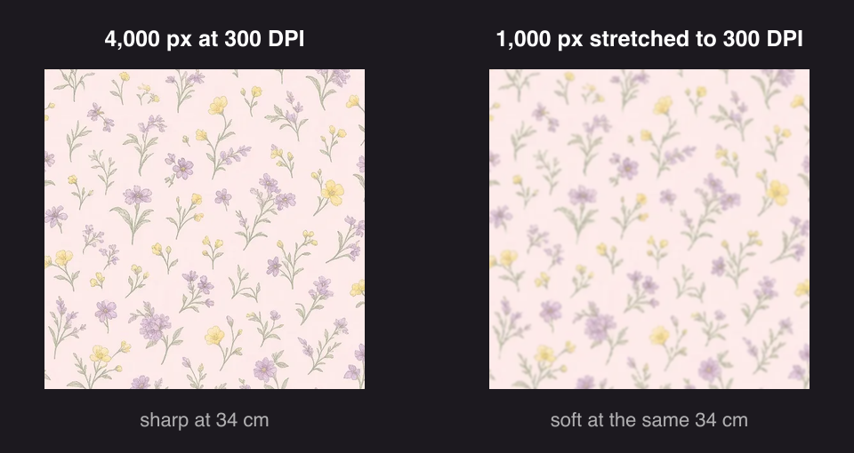 The same flower at 3,000 pixels versus 600 pixels stretched to the same print size