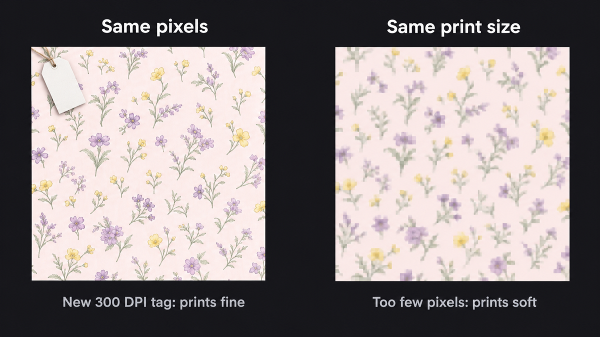 Two copies of the same pattern: one re-tagged to 300 DPI and printing fine, one short on pixels and printing soft