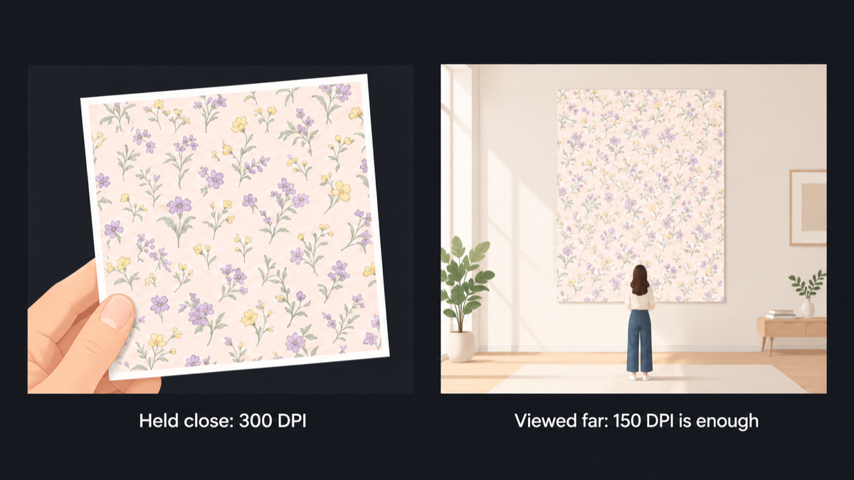 A small print held close needs 300 DPI; the same pattern as a large wall poster looks crisp at 150 DPI from across the room