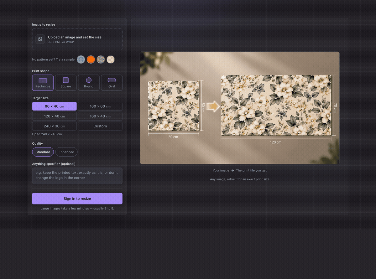 The Print Resize workbench: a sample pattern loaded, a rectangle target, a narrow 240 × 30 cm strip with the extend-pattern option, and a 200 cm round